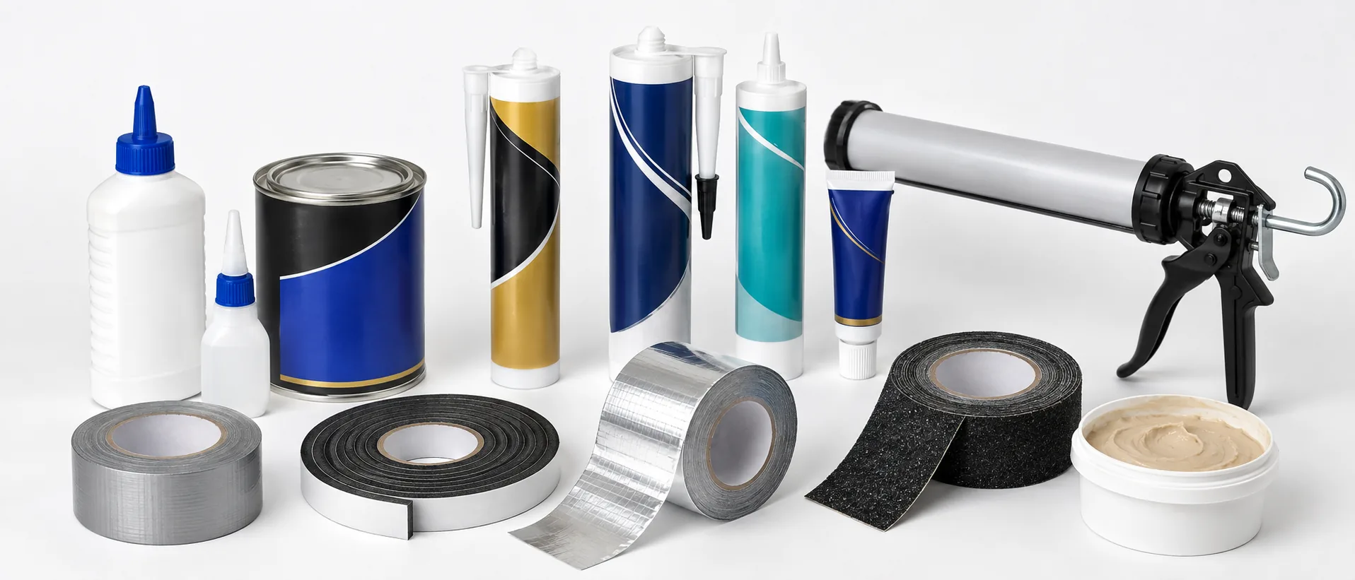 Colas, fitas, silicones e acabamentos